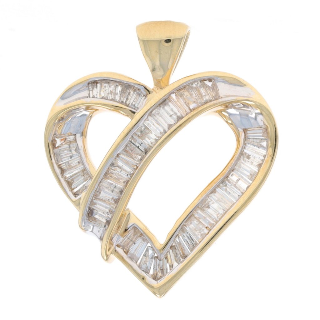 Yellow Gold Diamond Heart Pendant - 10k Baguette 2.00ctw Love Ribbon